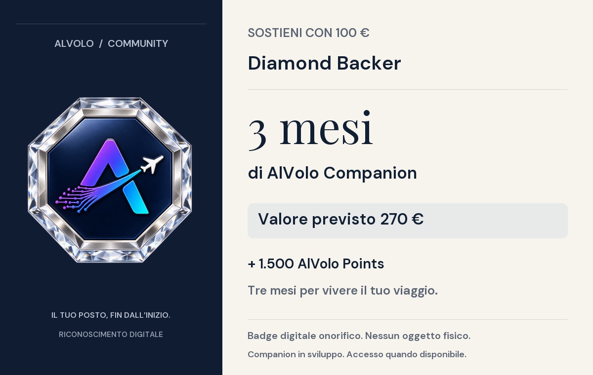Diamond Backer — contributo di 100 euro. 3 mesi di Companion, 1.500 AlVolo Points e badge Diamond Backer. Valore previsto dell’accesso: 270 €.