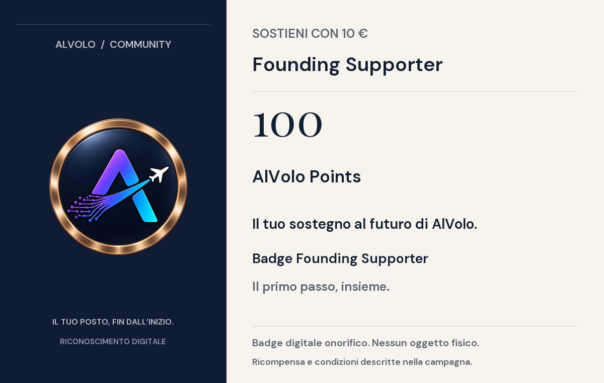 Founding Supporter — contributo di 10 euro. 100 AlVolo Points e il riconoscimento digitale dei primi sostenitori. Questa ricompensa non include un Companion Pass.