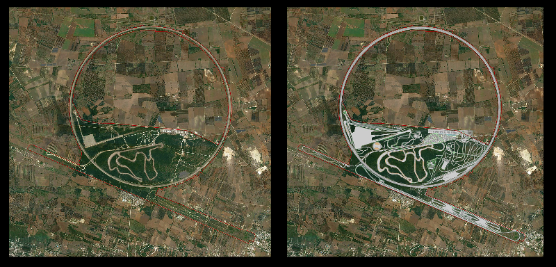 foto satellitare, rendering del prima, oggi come si presenta e dopo