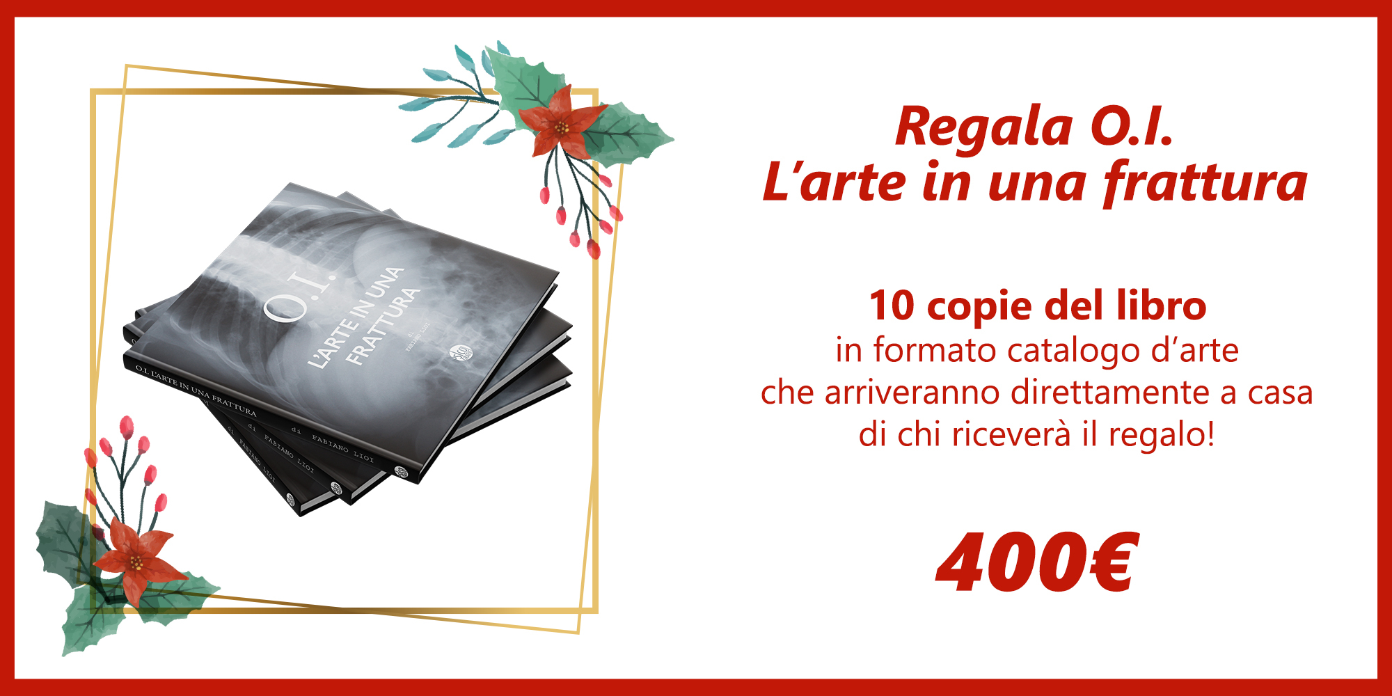 Mi avete chiesto in molti: "Ma se volessi più di una copia del libro? Voglio regalarlo a Natale, ma devo fare ogni volta tutta la procedura?". Da oggi non più! Abbiamo inserito una nuova ricompensa: il pacchetto Regala O.I. L'arte in una frattura: 10 copie del libro in formato catalogo d'arte in un'unica reward!  Ti starai chiedendo: ma se i libri vengono stampati dopo la fine della campagna, come faccio a regalarli per Natale? Abbiamo pensato a tutto: richiedendo questa reward ti invieremo subito via email il certificato di Ambasciatrice/Ambasciatore O.I. con il nome e il cognome della persona che riceverà il tuo regalo. Potrai condividerlo con lui/lei, anticipandogli/le che il libro sarà inviato direttamente a casa una volta stampato.   Pensiamo a tutto noi: tu dovrai solo raccontare il progetto e goderti la sensazione di aver fatto un doppio regalo: ai tuoi cari e a me!  Scegliendo questa ricompensa sosterrai il progetto e farai un regalo unico, che nessuno potrà mai più ricevere nella vita!