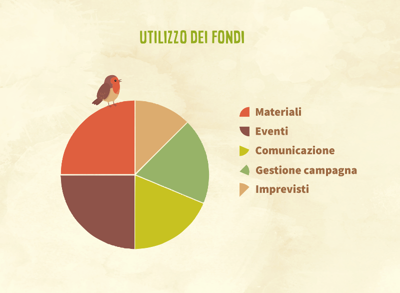 La maggioranza dei fondi verranno utilizzati per l'organizzazione degli eventi e l'acquisto dei materiali.