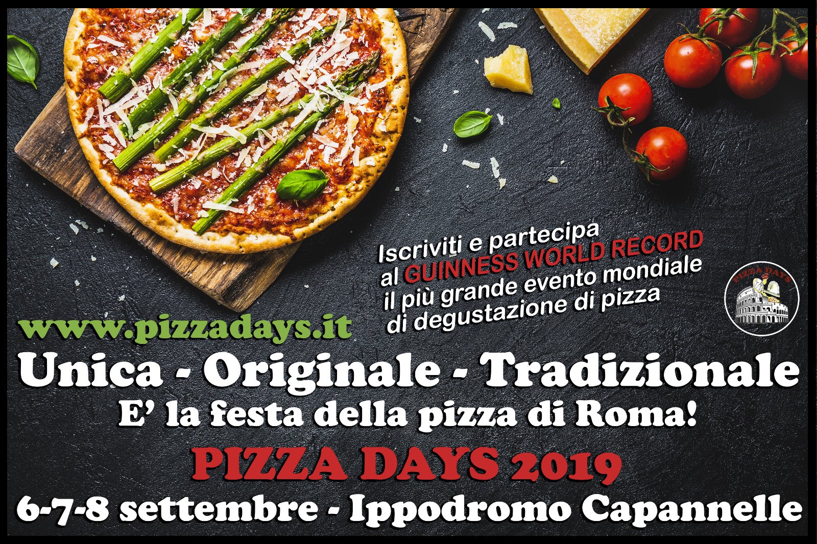 Acquista il biglietto  per  partecipare  a Roma al  Guinness World Record "La festa della pizza più grande del mondo" - 6/7/8 settembre 2019 all'Ippodromo delle Capannelle