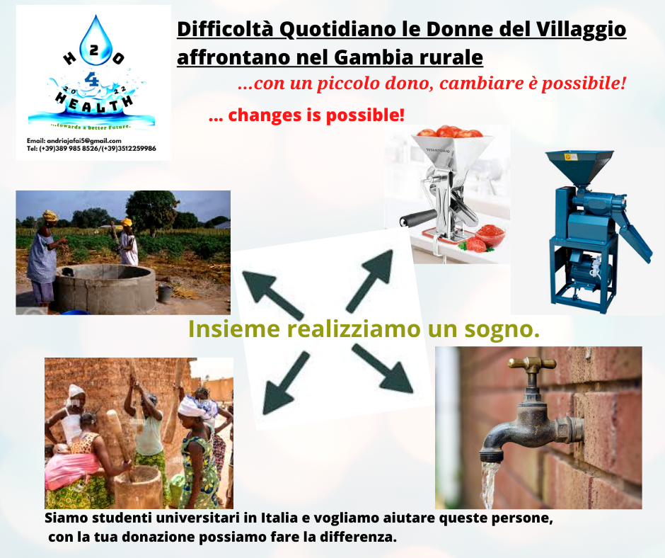 Il progetto dell'acqua per una comunità locale nel Gambia rurale da un'associazione h2o 4 HEALTH
(L'acqua per la SALUTE) Il progetto dell'acqua per una comunità locale nel Gambia rurale da un'associazione h2o 4 HEALTH
(L'acqua per la SALUTE)