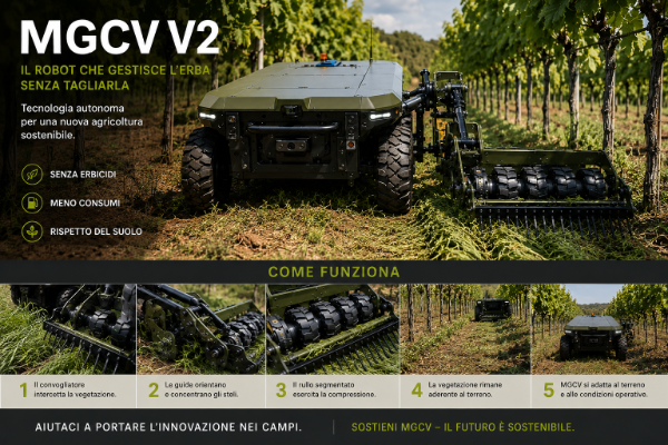MGCV – Il robot che gestisce l’erba senza tagliarla Tecnologia autonoma per una nuova agricoltura sostenibile MGCV – Il robot che gestisce l’erba senza tagliarla Tecnologia autonoma per una nuova agricoltura sostenibile